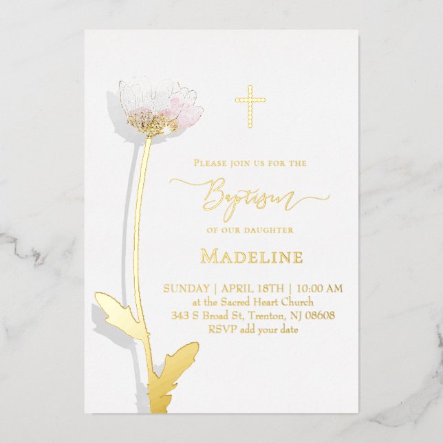 Invitation En Aluminium dessin de fleur Baptême (Recto)