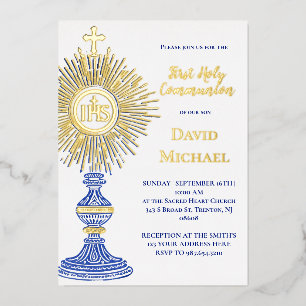 Invitation En Aluminium dessin de monstrance bleue   Première Sainte Commu
