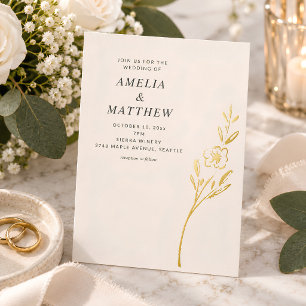 Invitation En Aluminium Dessin floral minimal élégant Crème Mariage Or