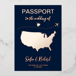 Invitation En Aluminium Destination de mariage passeport feuille d'or avio