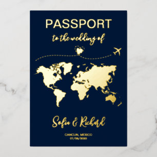 Invitation En Aluminium Destination de mariage passeport or feuille d'avio