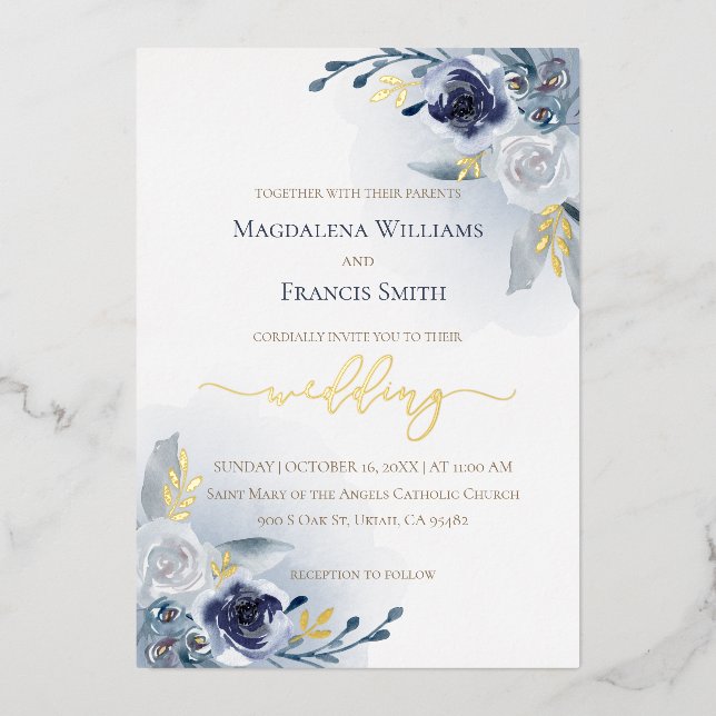 Invitation En Aluminium détails de la feuille bleu aquarelle rose mariage (Recto)