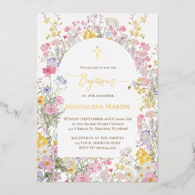 Invitation En Aluminium détails dorés fleurs sauvages Baptême (Recto)