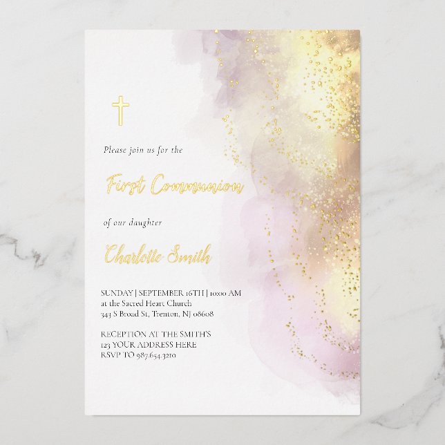 Invitation En Aluminium détails dorés Première communion (Recto)