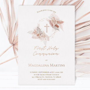 Invitation En Aluminium détails en or rose Première Communion fleurs boho