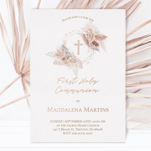Invitation En Aluminium détails en or rose Première Communion fleurs boho (Créateur téléchargé)