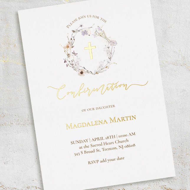 Invitation En Aluminium détails or fleur sauvage couronne Confirmation (Créateur téléchargé)