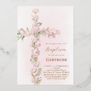 Invitation En Aluminium détails or rose pivoines croix Baptême
