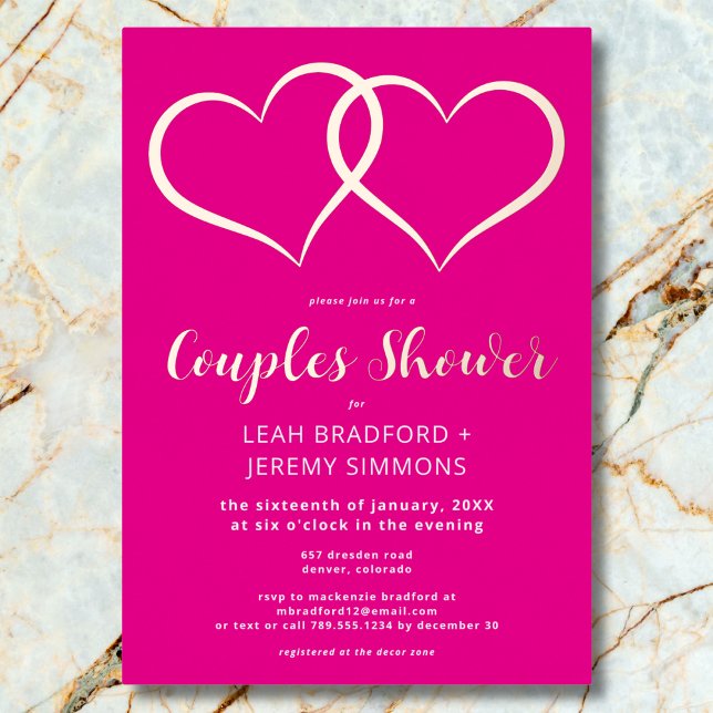 Invitation En Aluminium Deux Coeurs Minimum Couples Rose Chaud Douche (Minimal Two Hearts Hot Pink Couples Shower Foil Invitation)