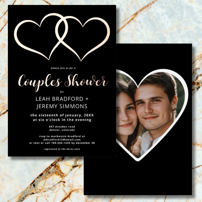 Invitation En Aluminium Deux Coeurs minimum noir blanc Couple Photo (Minimal Two Hearts Black White Couple Shower Photo Foil Invitation)
