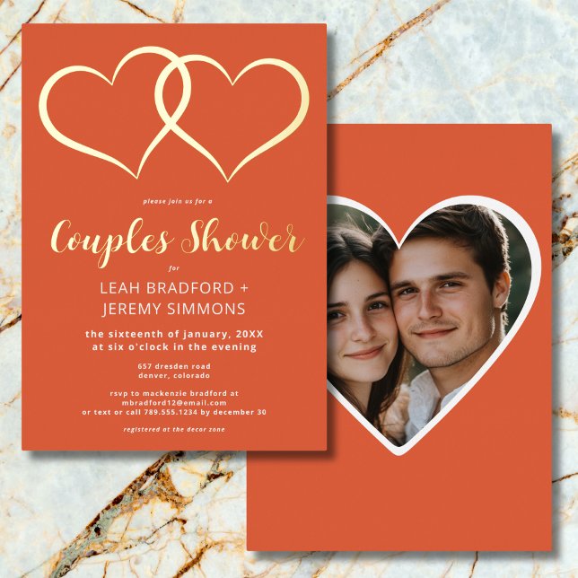 Invitation En Aluminium Deux Coeurs minimum Orange Couples Photo Douche (Minimal Two Hearts Orange Couples Shower Photo Foil Invitation)