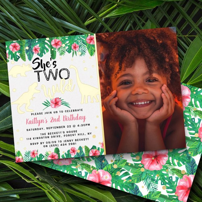 Invitation En Aluminium Deux Dinosaures Filles 2e Anniversaire Photo Real (Créateur téléchargé)