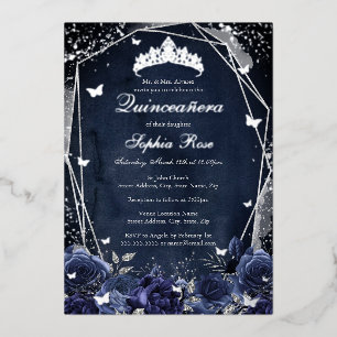 Invitation En Aluminium Diadème de fleurs étincelantes de marine Quinceane