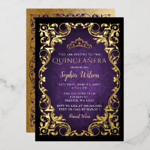 Invitation En Aluminium Diadème de princesse en or violet vintage Quinceañ