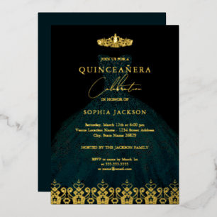 Invitation En Aluminium Diadème élégant en Damas or émeraude Quinceanera