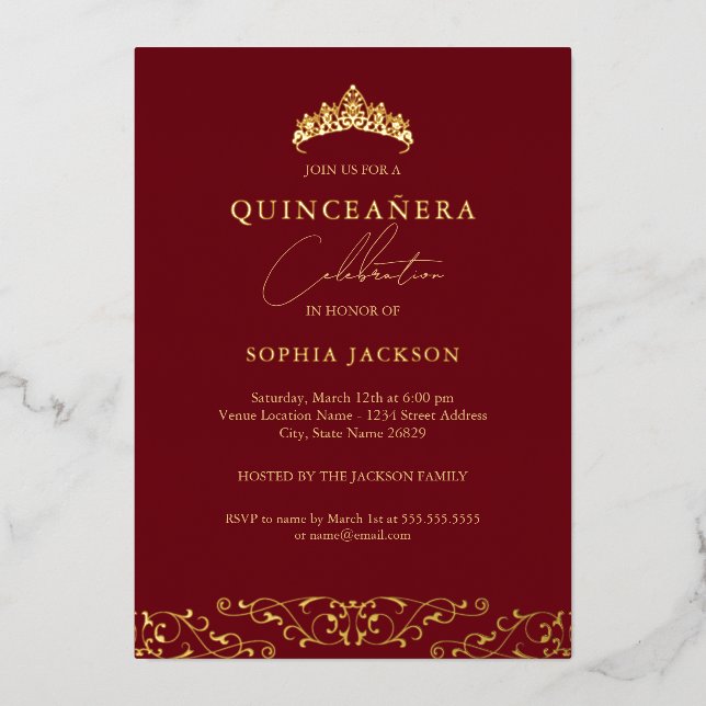 Invitation En Aluminium Diadème élégant en or rouge Script Quinceanera (Recto)