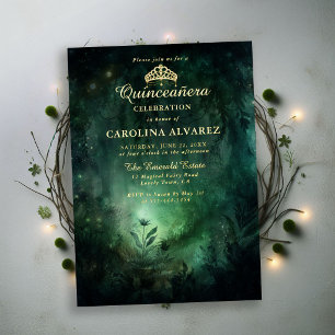 Invitation En Aluminium Diadème Émeraude Or Forêt Enchantée Quinceanera