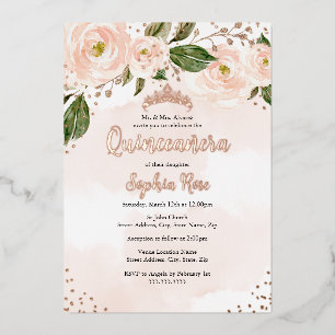 Invitation En Aluminium Diadème Fleur de Rose Gold Rose Pâle Quinceanera