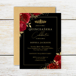 Invitation En Aluminium Diadème floral élégant rouge or Quinceanera