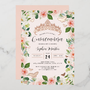 Invitation En Aluminium Diadème floral en or rose clair Papillon Quinceane