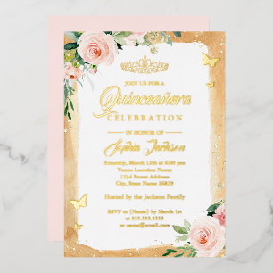Invitation En Aluminium Diadème Floral Étincelant Blush Gold Quinceanera
