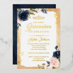 Invitation En Aluminium Diadème Floral Navy Or Quinceanera Étincelle