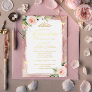Invitation En Aluminium Diadème Floral Rose Pâle Doré pour Quinceanera ave