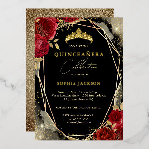 Invitation En Aluminium Diadème Floral Rose Rouge Or Quinceanera