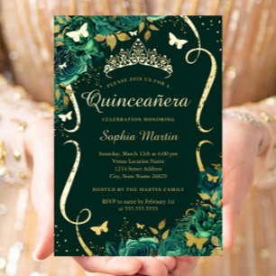 Invitation En Aluminium Diadème Papillon Floral Émeraude Quinceanera 