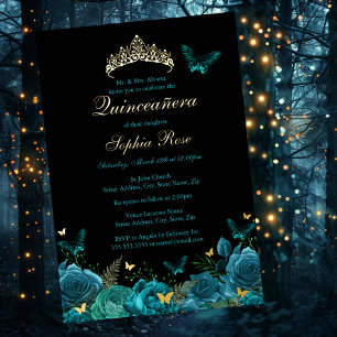 Invitation En Aluminium Diadème Papillon Floral Or Bleu Sarcelle Quinceane