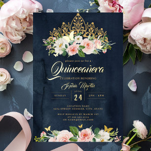 Invitation En Aluminium Diadème Papillon Floral Or Navy Blush Quinceanera