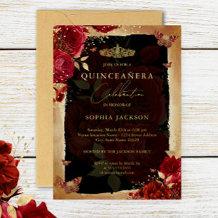 Invitation En Aluminium Diadème Papillon Floral Or Rose Rouge Quinceanera