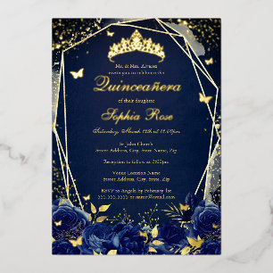 Invitation En Aluminium Diadème Papillon Floral Quinceanera Navy