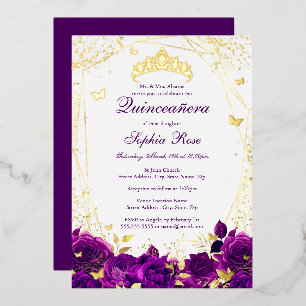 Invitation En Aluminium Diadème Papillon Floral Quinceanera Violet