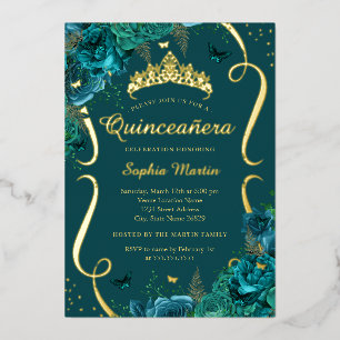 Invitation En Aluminium Diadème Papillon Floral Rose Sarcelle Quinceanera