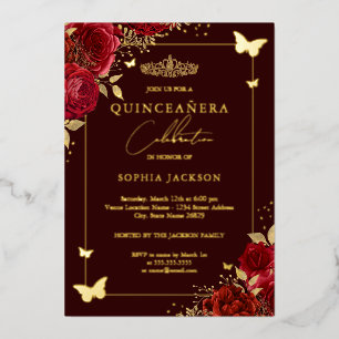 Invitation En Aluminium Diadème papillon floral rouge Bourgogne Quinceaner