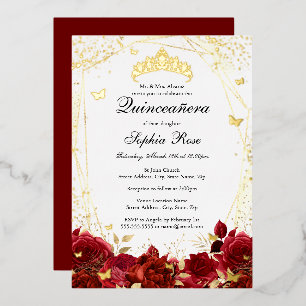 Invitation En Aluminium Diadème Papillon Floral Rouge Or Quinceanera