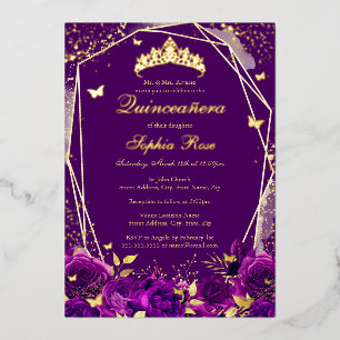 Invitation En Aluminium Diadème Papillon Floral Violet Quinceanera