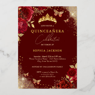 Invitation En Aluminium Diadème Papillon Rose Or Rouge Quinceanera