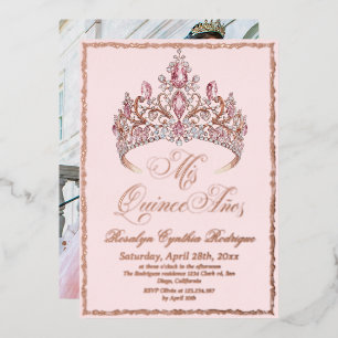 Invitation En Aluminium Diadème Rose Blush Feuille D'Or Quinceanera Photo