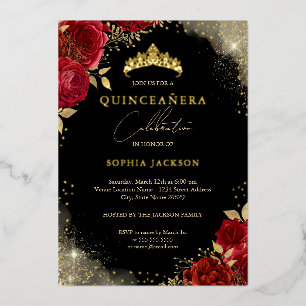 Invitation En Aluminium Diadème Rose Or Rouge Étincelant Quinceanera