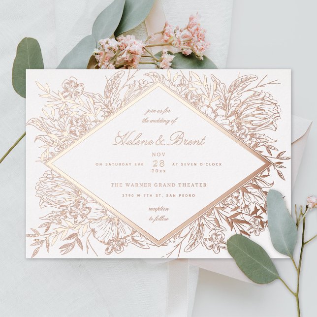 Invitation En Aluminium Diamant floral croisé Romantique Jardin Rose Or (Créateur téléchargé)