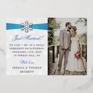 Invitation En Aluminium Diamante Snowflake & Blue Ribbon Mariage d'hiver