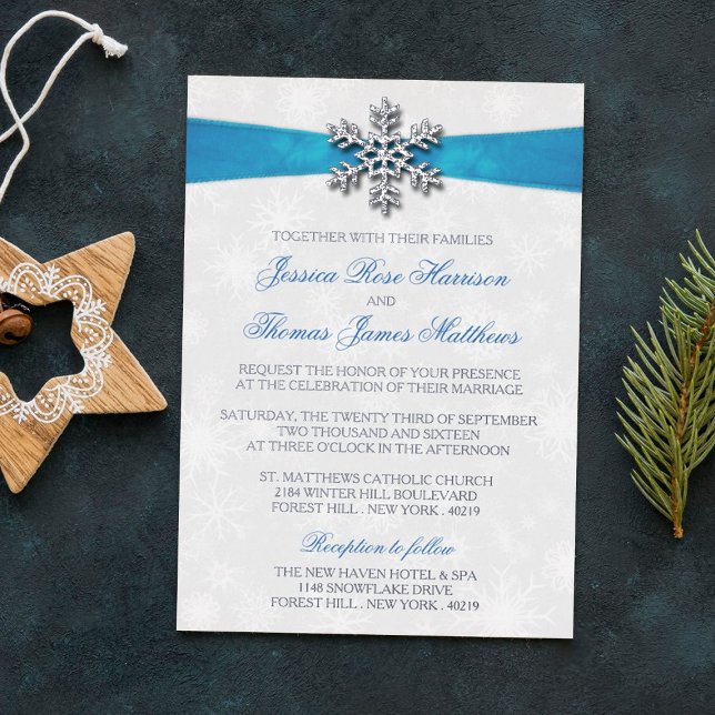 Invitation En Aluminium Diamante Snowflake & Blue Ribbon Mariage d'hiver (Créateur téléchargé)