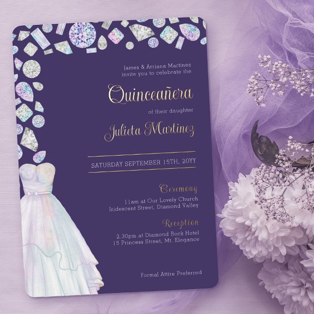 Invitation En Aluminium Diamond Princess Purple Quinceanera et messe (Purple Quinceanera Invitation with luxury gold foil lettering)