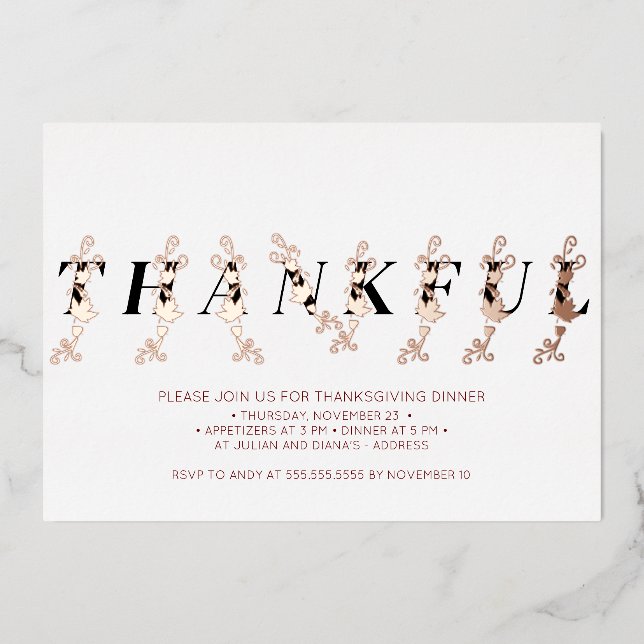 Invitation En Aluminium Dinde de Thanksgiving Feuilles d'automne Rose Doré (Recto)