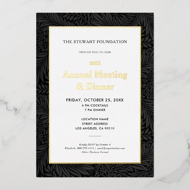 Invitation En Aluminium Dîner annuel d'affaires botanique noir élégant (Recto)