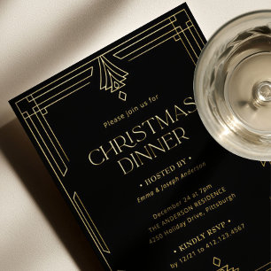 Invitation En Aluminium Dîner de Noël élégant Noir et Or