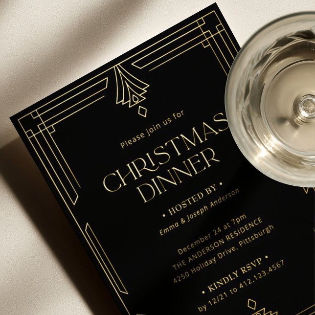 Invitation En Aluminium Dîner de Noël élégant | Noir et Or (Créateur téléchargé)