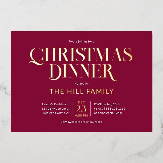 Invitation En Aluminium Dîner de Noël Élégant Rouge (Recto)
